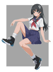  1girl black_hair black_shoes blue_eyes blue_sailor_collar blue_skirt commentary flower grey_background grin hair_flower hair_ornament highres infinite_moppy invisible_chair long_hair looking_at_viewer midriff_peek neckerchief parted_lips pleated_skirt red_neckerchief sailor_collar sakugawa_school_uniform saten_ruiko school_uniform serafuku shirt shoes short_sleeves sitting skirt smile sneakers socks solo summer_uniform toaru_kagaku_no_railgun toaru_majutsu_no_index white_shirt white_socks 