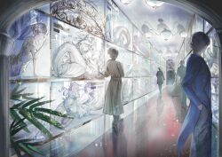  3boys 6+girls against_glass aquarium artist_name black_coat blue_coat brown_coat brown_pants chandelier coat commentary dress english_commentary fish_tank full_body gown hand_on_glass hat highres indoors long_coat looking_at_another mei_mezu mermaid monster_girl multiple_boys multiple_girls original pants plant price_tag sparkle standing top_hat 