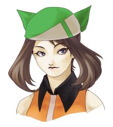  bandana bare_shoulders blue_eyes brown_hair collared_shirt duckpasta_flo eyelashes green_bandana highres kazuma_kaneko_(style) may_(pokemon) orange_shirt pokemon pokemon_emerald pokemon_rse shin_megami_tensei shirt sleeveless upper_body 