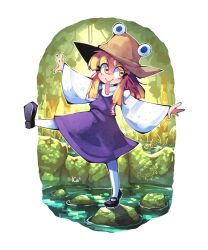  1girl absurdres black_shoes blonde_hair blush border brown_hat english_commentary hair_ribbon hat highres horizontal_pupils long_sidelocks long_tongue looking_to_the_side moriya_suwako mountain_of_faith outstretched_arms purple_skirt purple_vest ribbon shoes sidelocks signature sir_koi skirt smile solo standing standing_on_one_leg stitching tongue tongue_out touhou tree tress_ribbon vest walking water white_border wide_sleeves yellow_eyes 