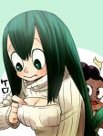  akki6699 asui_tsuyu black_hair boku_no_hero_academia breasts cleavage eyelashes green_eyes long_hair minoru_mineta open-chest_sweater ribbed_sweater solo_focus sweater 