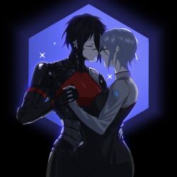  2girls android ariane_yeong black_hair closed_eyes commentary cowboy_shot elster_(signalis) grey_hair hand_on_another's_back holding_hands k_shiriya007 multiple_girls short_hair signalis smile sparkle standing yuri 