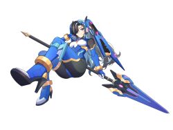  1girl absurdres adapted_costume alternate_costume alternate_hair_color alternate_hairstyle assault_visor blue_eyes body_armor bodystocking bodysuit boots breasts chest_jewel commission commissioner_upload fairy_leviathan_(mega_man) full_body gauntlets gloves hair_ornament high_heel_boots high_heels highres holding holding_polearm holding_weapon long_bangs long_hair mechanical_ears mega_man_(series) mega_man_zero_(series) missing_headwear non-web_source polearm redesign small_breasts smirk smug solo thigh_boots thighs transparent_background uta_guipiy weapon 