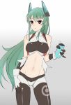  1girl bare_shoulders borrowed_character breasts cowboy_shot drink gloves gradient gradient_background green_hair grey_background headgear kotohane long_hair menou_kaname midriff navel original solo very_long_hair violet_eyes 