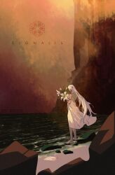  1girl ariane_yeong artist_collaboration artist_name barefoot copyright_name dress flower highres holding holding_flower horizon legend_knit lily_(flower) long_hair malangtrade rock scenery shore signalis sky solo standing water white_dress white_hair wide_shot yellow_sky 