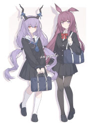  2girls absurdres alternate_costume animal_ears arknights ascot bag black_hairband black_horns black_jacket black_pantyhose black_serafuku black_shoes black_skirt blazer blue_ascot bow bowtie bright_pupils buttons chinese_commentary closed_mouth commentary_request drop_shadow expressionless full_body hairband highres holding holding_strap horns jacket kneehighs long_hair long_sleeves multiple_girls pantyhose pleated_skirt purple_hair ray_(arknights) red_bow red_bowtie red_eyes sailor_collar sample_watermark school_bag school_uniform serafuku sflr shoes skirt socks standing typhon_(arknights) violet_eyes watermark white_pupils white_sailor_collar white_socks 