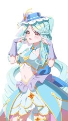  1girl absurdres aqua_bow aqua_bowtie aqua_capelet aqua_hair aqua_skirt blue_hat boater_hat bow bowtie bridal_gauntlets brooch butterfly_hat_ornament capelet commentary cowboy_shot cropped_shirt cure_eclair cuteshiho earrings gloves grey_gloves hat hat_ornament heart heart_brooch highres jewelry layered_skirt long_hair looking_at_viewer magical_girl meitantei_precure! midriff navel open_mouth pointing pointing_at_self ponytail precure shirt simple_background skirt sleeveless sleeveless_shirt smile solo standing thigh-highs tilted_headwear two-tone_skirt untranslatable_commentary very_long_hair white_background white_skirt white_thighhighs 
