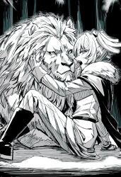  1girl animal boots cape commentary_request daiba_nana fur-trimmed_cape fur_trim hand_on_animal highres jacket karate_(karatedazey) knee_boots lion long_sleeves looking_at_viewer open_mouth pants short_hair shoujo_kageki_revue_starlight sidelocks sitting solo two_side_up upper_body 