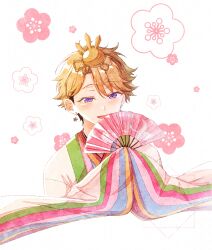  1boy absurdres blonde_hair clothing_request commentary_request curtained_hair earrings ensemble_stars! flower flower_earrings folding_fan hand_fan highres holding holding_fan jewelry male_focus narukami_arashi open_mouth pink_flower short_hair smile solo undercut very_short_hair violet_eyes wa_(wa_ilove_tori) white_background 