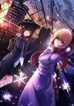  2girls bag blonde_hair brown_eyes brown_hair building chain-link_fence cityscape clouds coat dress earmuffs hat hat_ribbon highres janne_cherry long_sleeves looking_at_viewer maribel_hearn multiple_girls no_hat open_mouth purple_dress ribbon scarf shirt short_hair skirt sky smile snowflakes touhou usami_renko vest yellow_eyes 