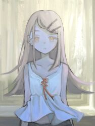  1girl arms_at_sides blonde_hair camisole closed_mouth collarbone commentary_request earrings expressionless flipped_hair gakuen_idolmaster hair_ornament hairclip idolmaster jewelry long_hair looking_at_viewer midriff_peek parallel_hairclips red_ribbon ribbon shinosawa_hiro solo stud_earrings suzune-7-25 swept_bangs upper_body white_camisole yellow_eyes 