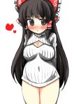  1girl black_eyes black_hair blush bottomless bow breasts cleavage cleavage_cutout gaoo_(frpjx283) hair_bow hair_tubes hakurei_reimu heart highres large_breasts long_hair naked_sweater open-chest_sweater ribbed_sweater solo sweater touhou white_background 
