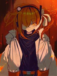  1girl a.i._voice adachi_rei arms_at_sides belt black_shirt closed_mouth commentary_request floating_hair hair_over_one_eye hair_ribbon headlamp headphones headset highres jacket long_sleeves looking_at_viewer medium_hair nakam1ya open_clothes open_jacket orange_eyes orange_hair ribbon shirt solo upper_body utau white_jacket 