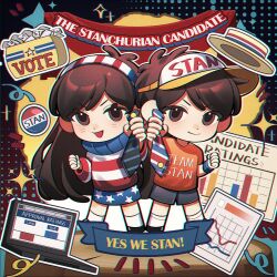  1boy 1girl ballot ballot_box black_shorts blue_necktie blue_skirt blue_sweater brown_eyes brown_hair clothes_writing computer dipper_pines english_text episode_title er-ytz graph gravity_falls hairband highres holding holding_unworn_clothes holding_unworn_necktie laptop mabel_pines multicolored_necktie multicolored_sweater necktie red_necktie red_sweater shorts siblings skirt star_(symbol) star_print striped_clothes striped_hairband striped_necktie striped_sweater sweater twins unworn_necktie visor_cap white_necktie white_sweater 