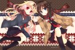  2girls :d ahoge black_hair blonde_hair blue_eyes earmuffs hair_ornament hairband kantai_collection long_hair looking_at_viewer lying multiple_girls open_mouth pleated_skirt red_eyes scarf school_uniform serafuku shigure_(kantai_collection) skirt smile suzushiro_kurumi sweater yuudachi_(kantai_collection) 