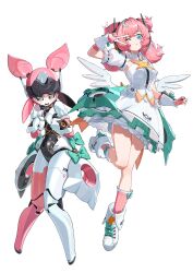  2girls absurdres aqua_hair aria_(zenless_zone_zero) bad_source blue_eyes blush boots bow bow_legwear crossed_bangs detached_collar detached_sleeves dress dual_persona fingerless_gloves footwear_bow full_body gloves green_bow green_eyes green_hair high_heel_boots high_heels highres humanoid_robot joints long_hair looking_at_viewer low_twintails mechanical_arms multicolored_hair multiple_girls official_art one_eye_closed parted_lips pink_gloves pink_hair pink_socks puffy_short_sleeves puffy_sleeves robot robot_girl robot_joints short_sleeves simple_background smile socks standing standing_on_one_leg streaked_hair symbol-shaped_pupils transparent_background twintails v white_boots white_dress wings wrist_cuffs zenless_zone_zero 