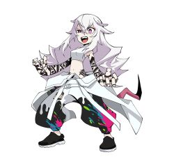  1girl arm_tattoo baggy_pants bare_shoulders belt black_pants black_shoes breasts bright_pupils can clothes_around_waist eyeshadow finger_tattoo graffiti guernica_(p5t) hair_between_eyes hand_tattoo hip_tattoo jacket jacket_around_waist long_hair loose_belt makeup medium_breasts mouse_tail navel official_art open_mouth oribe_hanako paint_on_clothes paint_splatter pants persona persona_5 persona_5_tactica pink_eyes red_eyeshadow shirt shoes sleeveless sleeveless_shirt solo spray_can spray_paint tail tank_top tattoo tattoo_sleeve teeth transparent_background two-tone_pants upper_teeth_only very_long_hair wavy_hair white_belt white_hair white_jacket white_pants white_pupils white_tank_top wide-eyed 