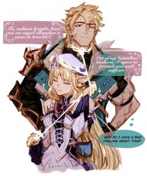  1boy 1girl armor behind_another beret blonde_hair closed_eyes closed_mouth coat commentary cropped_torso cross_scar detached_sleeves dress english_commentary english_text facial_mark forehead_mark genshin_impact gloves hands_on_own_hips hat height_difference highres holding holding_rope light_smile long_hair medium_hair mintothesoul multiple_scars nervous_sweating nicole_reeyn parted_lips rope scar scar_on_arm scar_on_cheek scar_on_face shoulder_armor simple_background sparkle sweat tall_male upper_body varka_(genshin_impact) very_long_hair white_background white_dress white_hat white_sleeves 