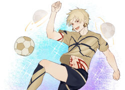  1boy arm_up ball clenched_hands commentary_request crew_neck earrings fate/dream_striker fate/grand_order fate_(series) gilgamesh_(fate) gold_earrings highres jewelry looking_at_viewer male_focus midriff_peek navel open_mouth raisakaki01 red_eyes shirt short_hair short_sleeves shorts soccer_ball solo sparkle sweat t-shirt tattoo toned toned_male 