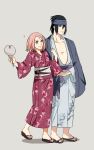  1boy 1girl ahri_(will) black_eyes black_hair couple fan green_eyes haruno_sakura headband hetero highres japanese_clothes kimono long_hair naruto paper_fan pink_hair uchiha_sasuke uchiwa yukata 