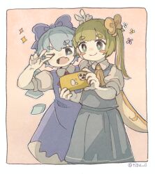  >_o 2girls ascot blue_bow blue_dress blue_eyes blue_hair blue_skirt blue_vest blush_stickers bow cellphone chigu cirno closed_mouth commentary_request daiyousei detached_wings dress fairy fairy_wings green_hair hair_bow highres holding holding_phone ice ice_wings long_hair multiple_girls one_eye_closed phone pinafore_dress puffy_short_sleeves puffy_sleeves selfie shirt short_hair short_sleeves skirt sleeveless sleeveless_dress smartphone smile touhou twitter_username v v_over_eye vest white_shirt wings yellow_ascot yellow_bow 
