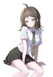  1girl absurdres ahoge between_legs black_skirt breasts brown_eyes brown_hair collared_shirt commentary danganronpa_(series) danganronpa_2:_goodbye_despair dress_shirt genderswap genderswap_(mtf) green_necktie hand_between_legs hand_on_ground head_tilt highres hinata_hajime kn0309dg large_breasts looking_at_viewer loose_necktie lying medium_hair necktie on_ground on_side pleated_skirt shirt short_sleeves simple_background sitting skirt solo untranslatable_commentary white_background white_shirt 