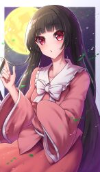  1girl absurdres black_hair black_sky blunt_bangs blurry blurry_background border bow bowtie breasts collarbone commentary_request full_moon hands_up highres houraisan_kaguya long_hair long_sleeves looking_at_viewer moon outside_border parted_lips pink_shirt pink_skirt playing_with_own_hair red_eyes shirt skirt skirt_set sky small_breasts solo straight_hair touhou upper_body white_border white_bow white_bowtie wide_sleeves yosshy 