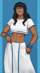  1girl alternate_costume avatar_legends black_hair bracelet crop_top dark-skinned_female dark_skin hair_down highres iahfy jewelry korra long_skirt looking_to_the_side midriff multiple_bracelets navel skirt smile solo the_legend_of_korra toned toned_female white_skirt 