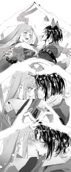  2girls absurdres animal_ears blush cho_kaguya-hime! choker closed_eyes commentary_request couple eye_contact forehead_jewel fox_ears fox_girl fox_shadow_puppet fox_shadow_puppet_kiss fox_tail greyscale highres hug imminent_kiss interlocked_fingers japanese_clothes kaguya_(cho_kaguya-hime!) kimono long_hair long_sleeves looking_at_another monochrome multiple_girls nail_polish rabbit_ears rabbit_girl sakayori_iroha short_hair shuu-0208 sparkle steepled_fingers tail yuri 