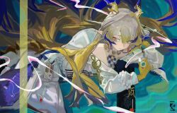  0nel606 1girl absurdres arknights bare_shoulders blonde_hair blue_eyes blue_hair chinese_commentary closed_mouth colored_skin commentary_request dragon_girl dragon_horns dress highres horns long_hair looking_at_viewer looking_down multicolored_skin pointy_ears shu_(arknights) solo three-tone_hair white_dress white_hair yellow_skin 