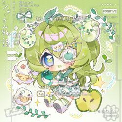  1girl :3 :d animal apple blue_eyes blush checkered_clothes checkered_skirt chibi chibi_only double-parted_bangs eyepatch food food-shaped_pupils fruit full_body gradient_background green_background green_hair green_horns green_neckerchief green_sailor_collar green_socks grey_skirt hair_between_eyes hair_intakes highres horns long_hair looking_at_viewer medical_eyepatch neckerchief open_mouth original outline sailor_collar sheep sheep_girl sheep_horns shirt shoes short_sleeves skirt smile socks solo watermark white_outline white_shirt white_shoes yikemaohetao 