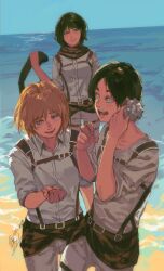  1girl 2boys armin_arlert beach black_hair blonde_hair commentary_request eren_yeager holding_seashell ico_(ico_ma2501) light_smile mikasa_ackerman multiple_boys ocean outdoors paradis_military_uniform seashell shell shell_to_ear shingeki_no_kyojin short_hair smile tears 