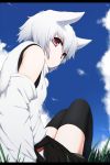  1girl animal_ears bare_shoulders black_legwear detached_sleeves highres inubashiri_momiji looking_at_viewer looking_back nature nejime no_hat pom_pom_(clothes) red_eyes short_hair silver_hair sitting sky solo touhou wolf_ears 