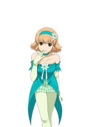  1girl aqua_choker aqua_dress aqua_hairband artist_request bare_shoulders blonde_hair bracelet breasts choker collarbone cowboy_shot dress elbow_gloves flower flower_hairband game_cg gloves gold_bracelet green_eyes hairband hand_to_own_mouth jewelry leaning_forward looking_at_viewer medium_breasts natalia_luzu_kimlasca_lanvaldear natalia_luzu_kimlasca_lanvaldear_(beloved_princess) official_alternate_costume official_art pantyhose short_hair smile solo standing tales_of_(series) tales_of_asteria tales_of_the_abyss teeth third-party_source transparent_background white_flower white_gloves white_pantyhose 