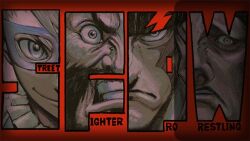  1girl 3boys alex_(street_fighter) beard black_hair blonde_hair capcom character_name clenched_teeth closed_mouth column_lineup commentary domino_mask english_commentary english_text eye_mask facial_hair frown hugo_andore looking_at_viewer male_focus mask multiple_boys mustache official_art rainbow_mika red_background sanpaku serious short_hair smile street_fighter street_fighter_6 street_fighter_iii_(series) street_fighter_zero_(series) teeth thick_eyebrows wide-eyed wrestler zangief 