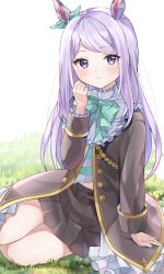  1girl absurdres animal_ears aqua_bow aqua_bowtie black_coat black_skirt blush bochibochi_(gyuuniku_6000) bow bowtie coat commentary_request diagonal-striped_clothes diagonal-striped_shirt ear_bow gold_trim grass hand_up highres horse_ears horse_girl long_hair long_sleeves looking_at_viewer lying mejiro_mcqueen_(frontline_elegance)_(umamusume) mejiro_mcqueen_(umamusume) midriff_peek on_side open_clothes open_coat pleated_skirt purple_hair sitting skirt solo striped_clothes swept_bangs thighs umamusume violet_eyes 
