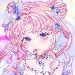  1girl abstract_background artist_request bare_shoulders beads blue_background blue_bow blue_eyes bow chinese_commentary collarbone commentary_request commission double_bun dress earrings eyelashes feather-trimmed_dress feather_hair_ornament feathers glint hair_beads hair_bow hair_bun hair_ornament happy headset idol infinity_nikki jewelry lipstick long_hair makeup multiple_hair_bows necklace nikki_(series) off-shoulder_dress off_shoulder outline parted_bangs parted_lips pink_hair pink_lips pink_outline purple_dress sample_watermark second-party_source single_earring smile solo sprinkles star_(symbol) star_necklace stylist_(nikki) twintails upper_body very_long_hair watermark yellow_bow 