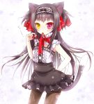  1girl animal_ears black_hair black_legwear cat_ears cat_tail hairband heterochromia highres kuroki_mashiro lolita_fashion lolita_hairband long_hair looking_at_viewer original pantyhose solo tail translation_request 