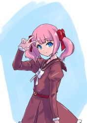  1girl absurdres arm_at_side arm_up assault_lily belt belt_buckle blue_background blue_eyes bow bowtie brown_sailor_collar buckle closed_mouth commentary_request cowboy_shot frilled_skirt frilled_sleeves frills from_side hair_bow high-waist_skirt highres juliet_sleeves kanba_girls_high_school_uniform long_sleeves looking_at_viewer looking_to_the_side medium_hair pink_hair puffy_sleeves red_belt red_bow red_shirt red_skirt sadamori_himeka sailor_collar school_uniform serafuku shirt skirt smile solo standing tai_(tai_qqy42wgd) twintails two-tone_background w white_background white_bow white_bowtie 