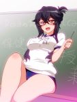  1girl buruma chalkboard glasses gym_uniform inou-battle_wa_nichijou-kei_no_naka_de long_hair mole_under_eye poncho_s takanashi_sayumi 