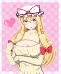  1girl :p absurdres blonde_hair blush breast_rest breasts bust checkered checkered_background cleavage hat hat_ribbon heart highres kyoukyan large_breasts long_hair mob_cap open-chest_sweater ribbed_sweater ribbon smile solo sweater sweater_tug tongue tongue_out touhou turtleneck violet_eyes yakumo_yukari 