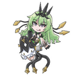  1girl asymmetrical_gloves barefoot black_dress black_gloves chibi claw_ring commentary crown dress full_body gloves green_eyes green_hair honkai_(series) honkai_impact_3rd licking_lips long_hair long_sleeves mismatched_gloves mobius_(honkai_impact) mokkyo_(motkyo) shirt simple_background single_sleeve sitting smile solo toes tongue tongue_out violet_eyes wavy_hair white_shirt white_sleeves 