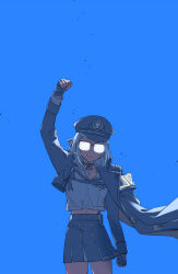  1girl black_coat black_hat black_skirt blue_background coat fist_pump glasses goddess_of_victory:_nikke hashtag-only_commentary hat long_sleeves midriff_peek neo-neon_(nikke) neon_(nikke) opaque_glasses raised_fist shirt skirt smile solo tokomichi white_shirt 