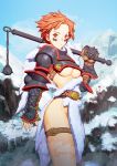  1girl breasts flail gauntlets highres no_panties orange_eyes orange_hair original over_shoulder pelt revealing_clothes short_hair sivacat snow solo thigh_strap under_boob weapon weapon_over_shoulder winter 