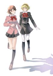  2girls a_ruai008 aigis_(persona) android black_jacket black_skirt black_socks blonde_hair blue_eyes blush bow bowtie brown_hair brown_shoes cardigan choker closed_eyes commentary full_body gekkoukan_high_school_uniform holding_hands jacket kneehighs long_sleeves looking_at_another miniskirt multiple_girls parted_lips persona persona_3 pink_cardigan pleated_skirt red_bow red_bowtie ribbed_cardigan running school_uniform shirt shoes short_hair skirt smile socks takeba_yukari white_background white_choker white_shirt wing_collar 