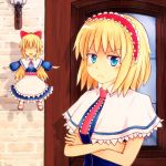 1girl acoco alice_margatroid angry apron ascot blonde_hair blue_eyes blush bow capelet closed_eyes crossed_arms frown hair_bow hairband highres long_hair open_mouth shanghai_doll short_hair smile touhou waist_apron 