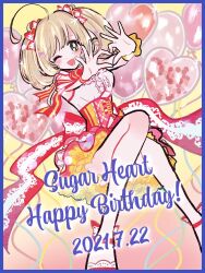  1girl ;d ahoge balloon breasts brown_hair center_frills commentary_request dated frills green_eyes happy_birthday heart heart_balloon heart_hands highres idolmaster idolmaster_cinderella_girls long_hair looking_at_viewer mocomocoooom one_eye_closed open_mouth outstretched_arms petticoat purple_background red_skirt sato_shin scrunchie shirt skirt smile solo twintails white_shirt wrist_scrunchie yellow_background 