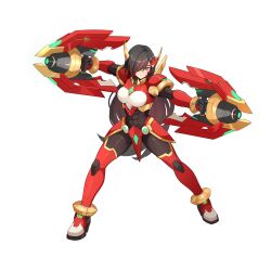  1girl absurdres adapted_costume alternate_costume alternate_hair_color alternate_hairstyle armor armored_boots armored_skirt assault_visor belt black_hair body_armor bodysuit boots breasts chest_jewel commission commissioner_upload covered_abs covered_navel dual_wielding facial_mark fake_horns fighting_fefnir_(mega_man) forehead_jewel full_body gauntlets genderswap genderswap_(mtf) gloves gun hair_ornament hair_over_one_eye helmet high_heel_boots high_heels highres holding holding_gun holding_weapon horned_helmet horns long_bangs long_hair mechanical_ears mega_man_(series) mega_man_zero_(series) multicolored_hair non-web_source red_hair shoulder_armor small_breasts solo streaked_hair thigh_boots thighs transparent_background two-tone_hair uta_guipiy weapon 