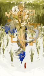  1girl absurdres amengjisuijian arknights bare_shoulders blue_eyes blue_hair chinese_commentary colored_skin commentary_request detached_sleeves dragon_girl dragon_horns dragon_tail dress grey_hair grin highres holding_wheat horns long_hair multicolored_skin pointy_ears shu_(arknights) smile solo standing standing_on_liquid tail three-tone_hair white_dress yellow_skin 