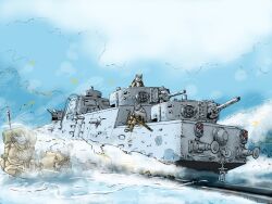  4boys backpack bag bolt_action cannon commentary_request day gun highres machine_gun mauser_98 military_vehicle multiple_boys original railroad_tracks rifle sitting smoke snow tank_turret train weapon yabarn 